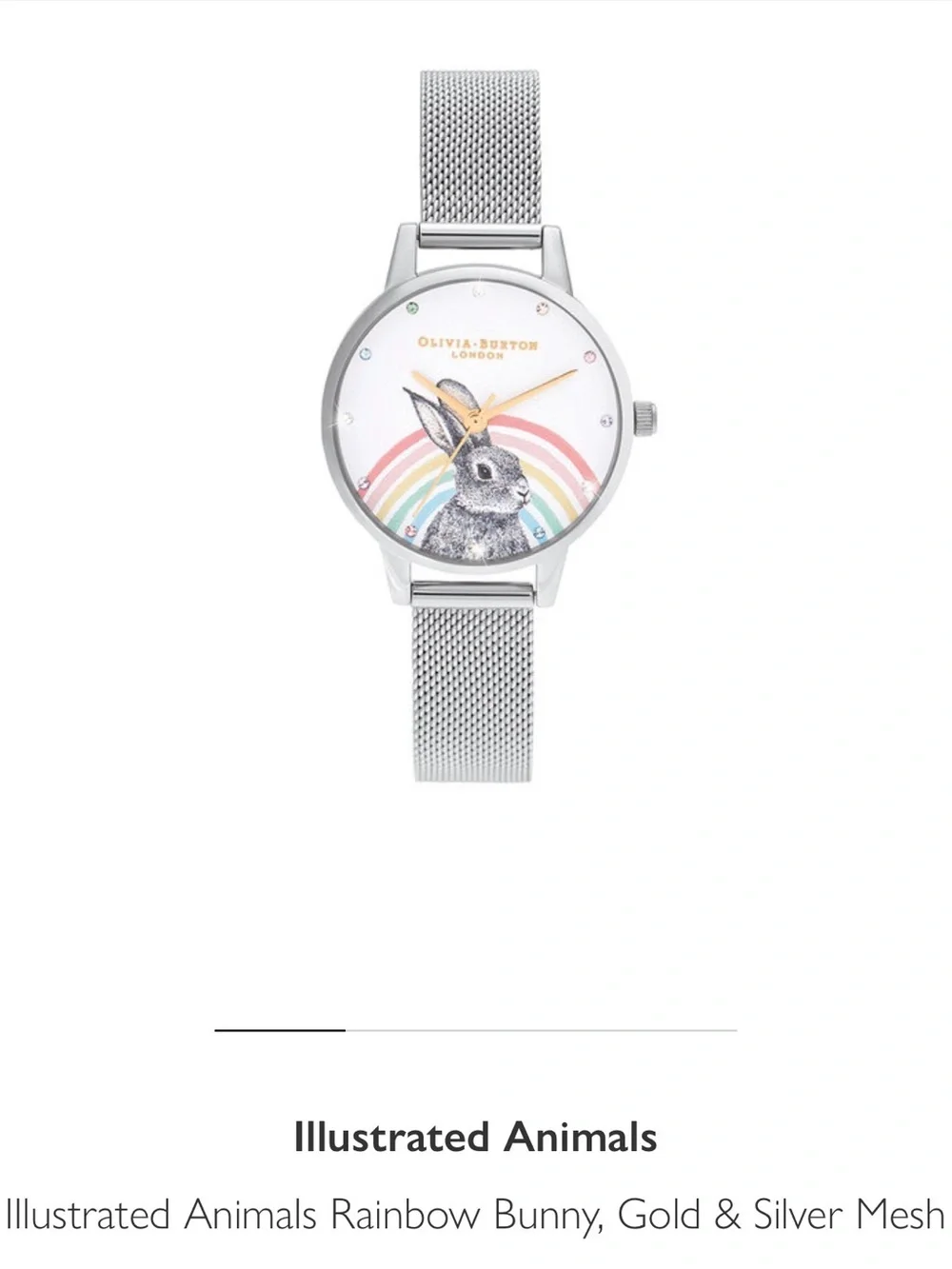 OLIVIA BURTON Silver Mesh Watch with Rainbow Bunny Motif